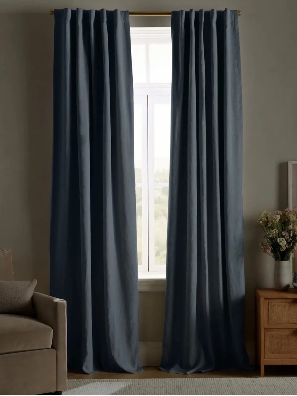 NWT QUINCE Set Of 2 48x96 European Linen True Blackout Curtains Chambray 9020